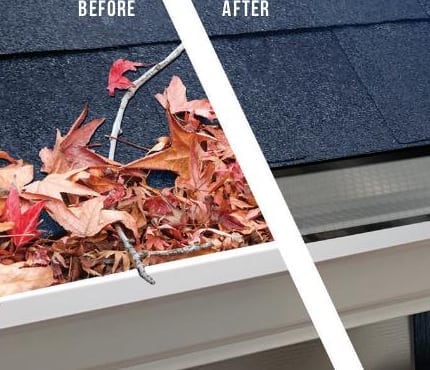 Before-and-after split: clogged gutter on the left, clean Leaf Solution guard on the right