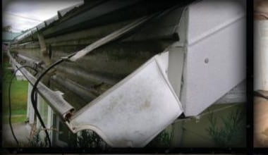 A failed older gutter pulling away from the roofline of a farmhouse before restoration