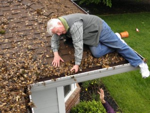 Gutter cleaning service clearing leaves and debris from a roofline