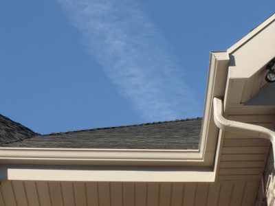 Close-up of a gutter corner and downspout that RCS can inspect for repair or replacement
