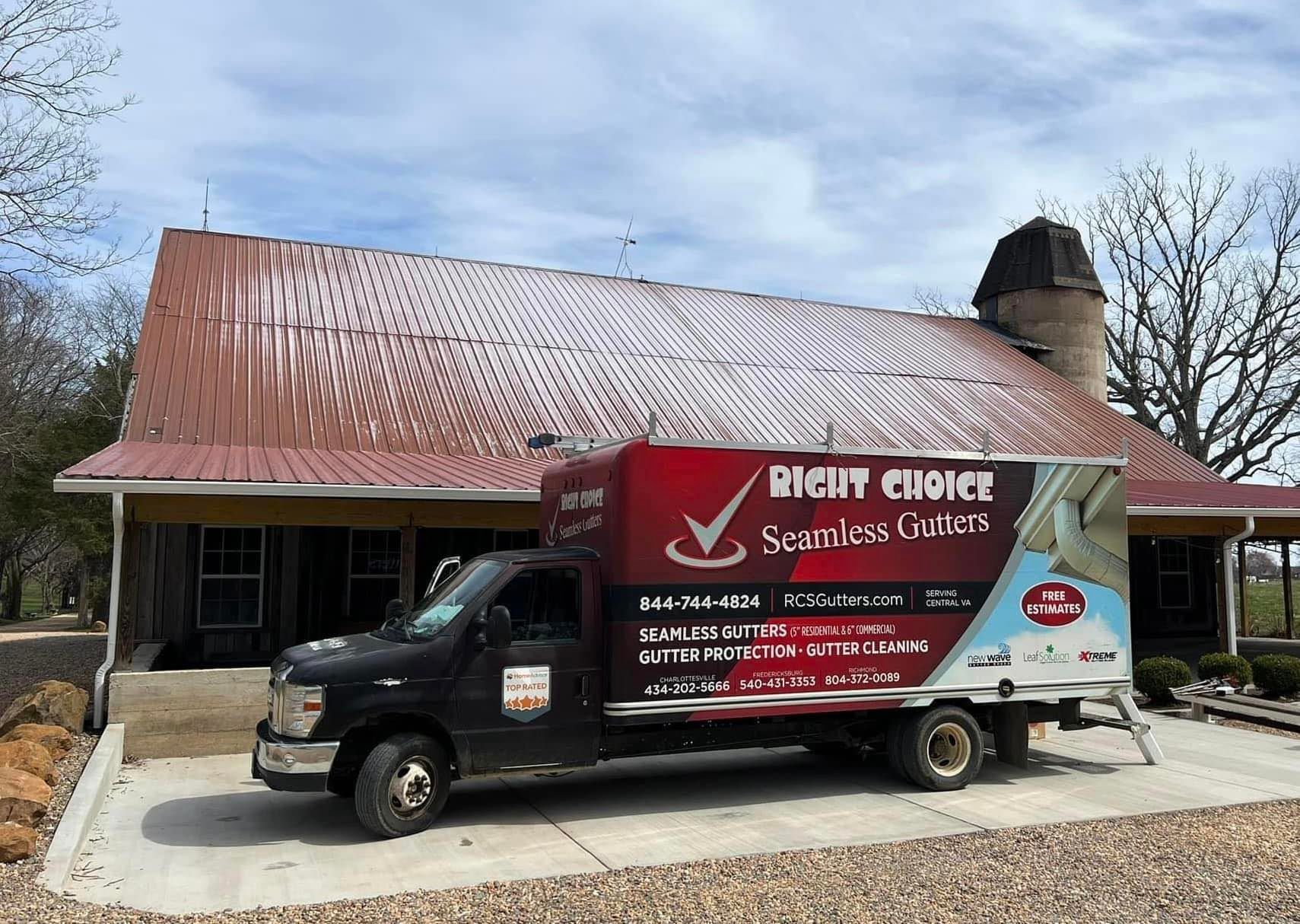 Right Choice Seamless Gutters truck at a Central Virginia jobsite