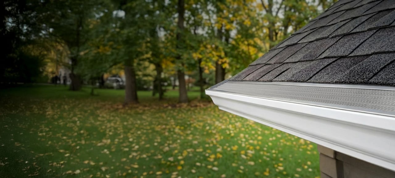 Evelyn's Leaf Solution panel installed on a shingle roof in fall
