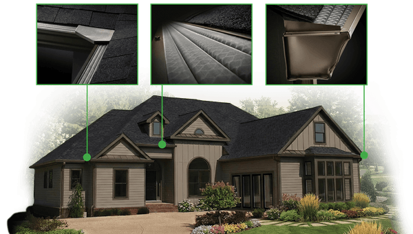 Evelyn's Leaf Solution bronze panel system diagram showing the capillary-dip micro-mesh installed on a gutter